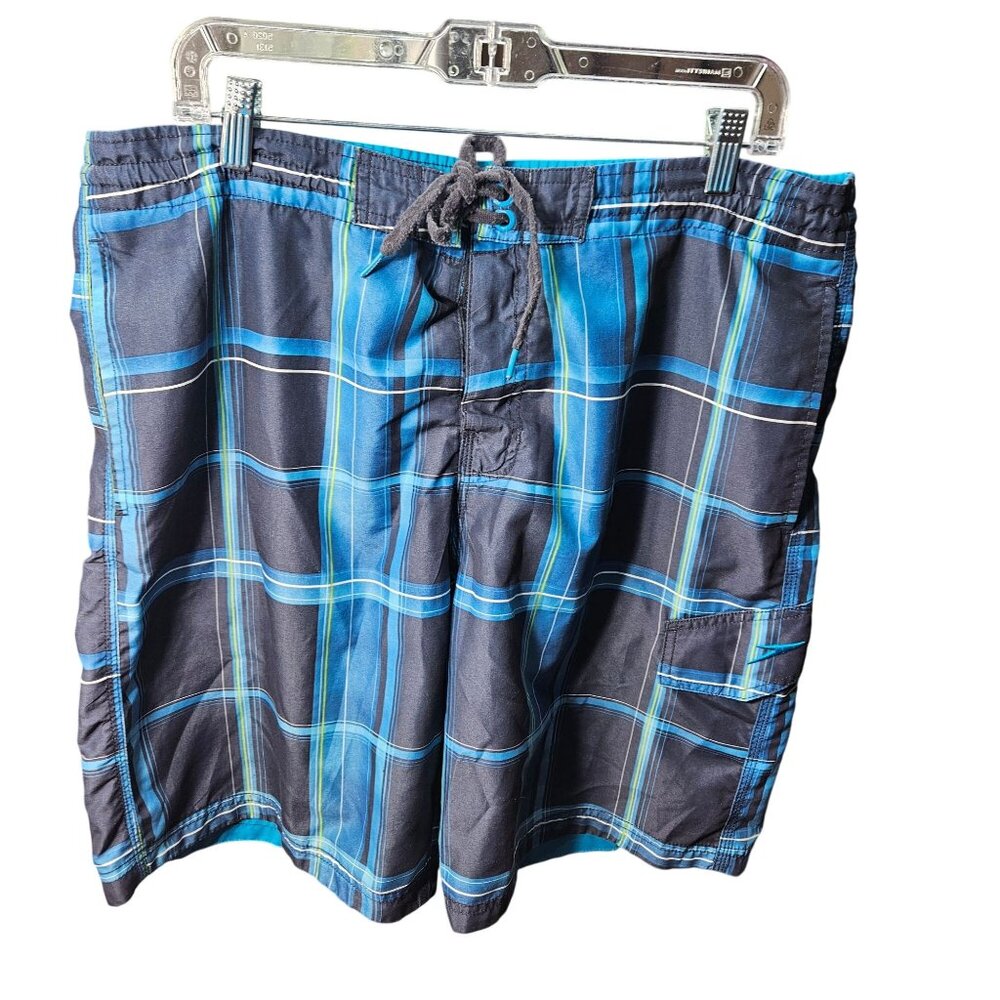 Speedo Mens Blue Plaid Swim Shorts With Elastic Waist & Drawstring Size L